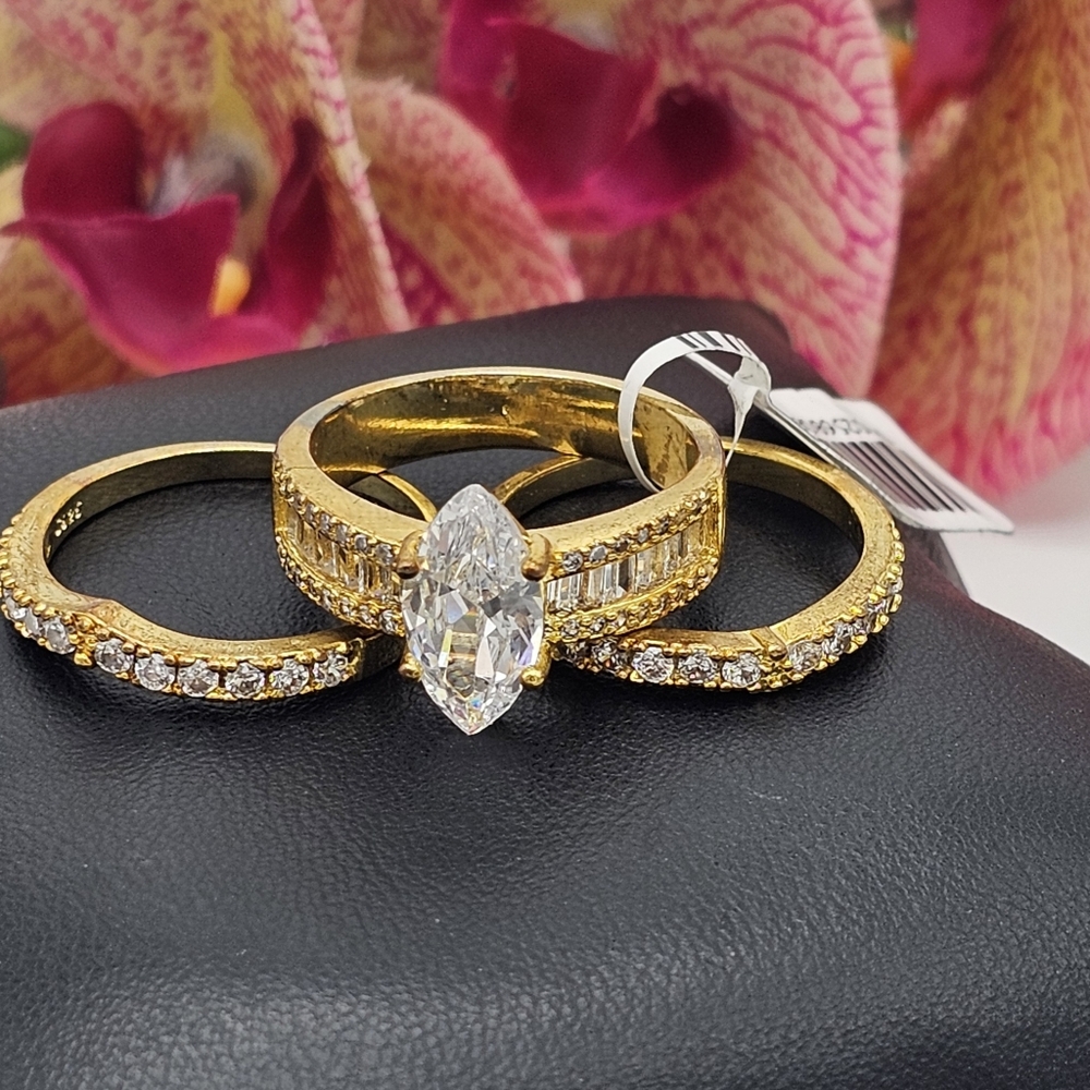 Lajerrio 3 piece gold over sterling silver white marquee Sapphire wedding set